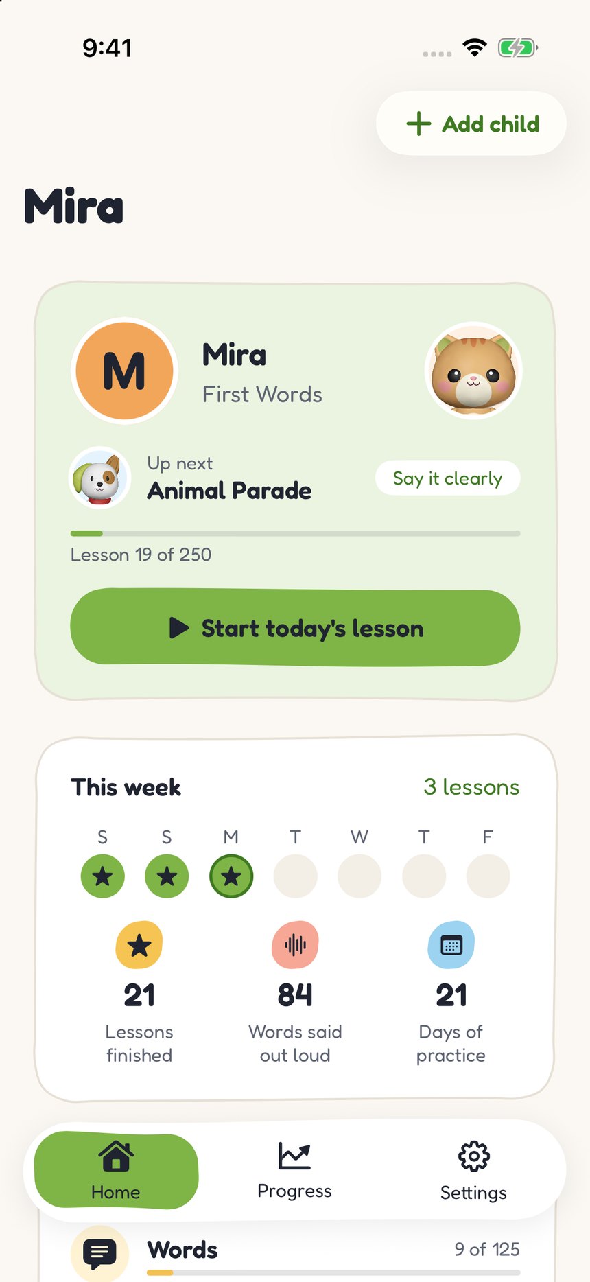 The parent dashboard on iPhone: what's next, this week's practice and progress in each activity