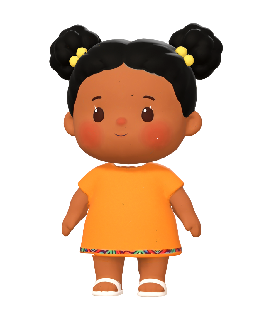 A toddler girl from Africa with two puffs, in an orange dress