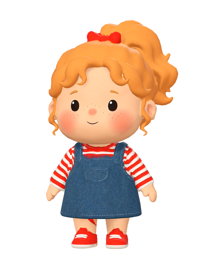 A toddler girl from America in a denim pinafore, with a strawberry-blonde ponytail