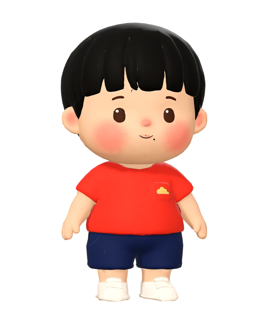 A toddler boy from China with a bowl cut, in a red T-shirt