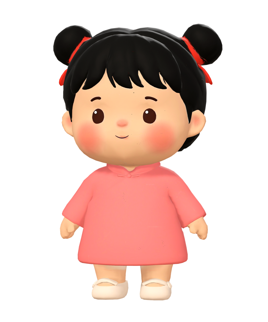 A toddler girl from China with two buns and red ribbons, in a pink dress