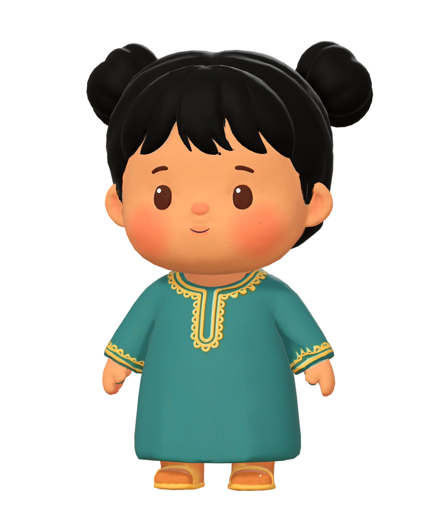 A toddler girl from the Gulf in a teal dress with gold trim