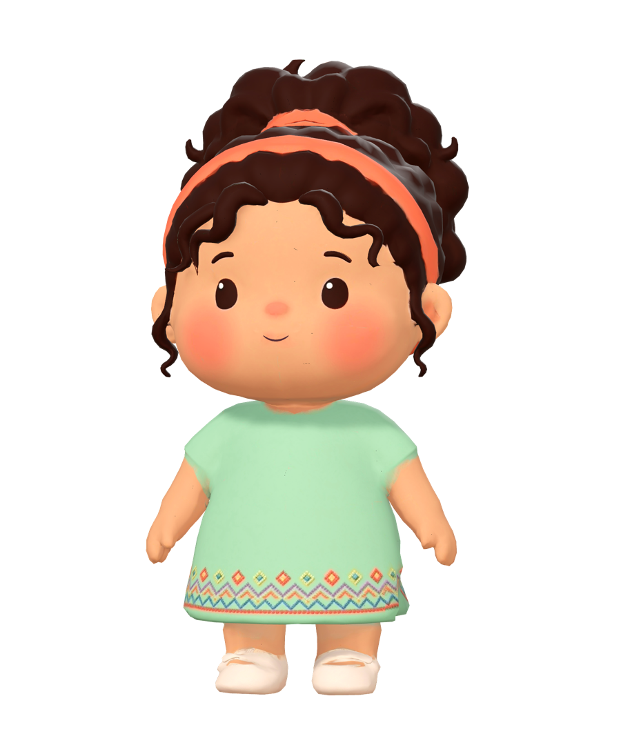 A toddler girl from the Levant in a mint dress, with curly hair and a coral headband