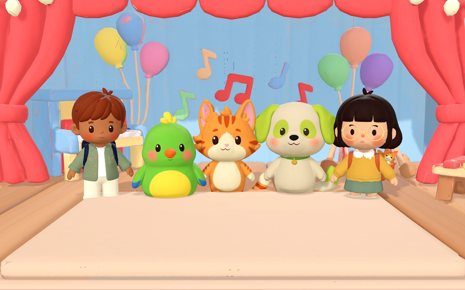 Sami, Kiwi, Peeko, Coco and Lina on a stage with balloons and music notes