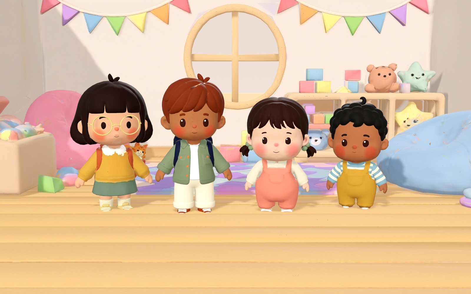 Lina, Sami and two toddlers in a playroom with bunting and toys