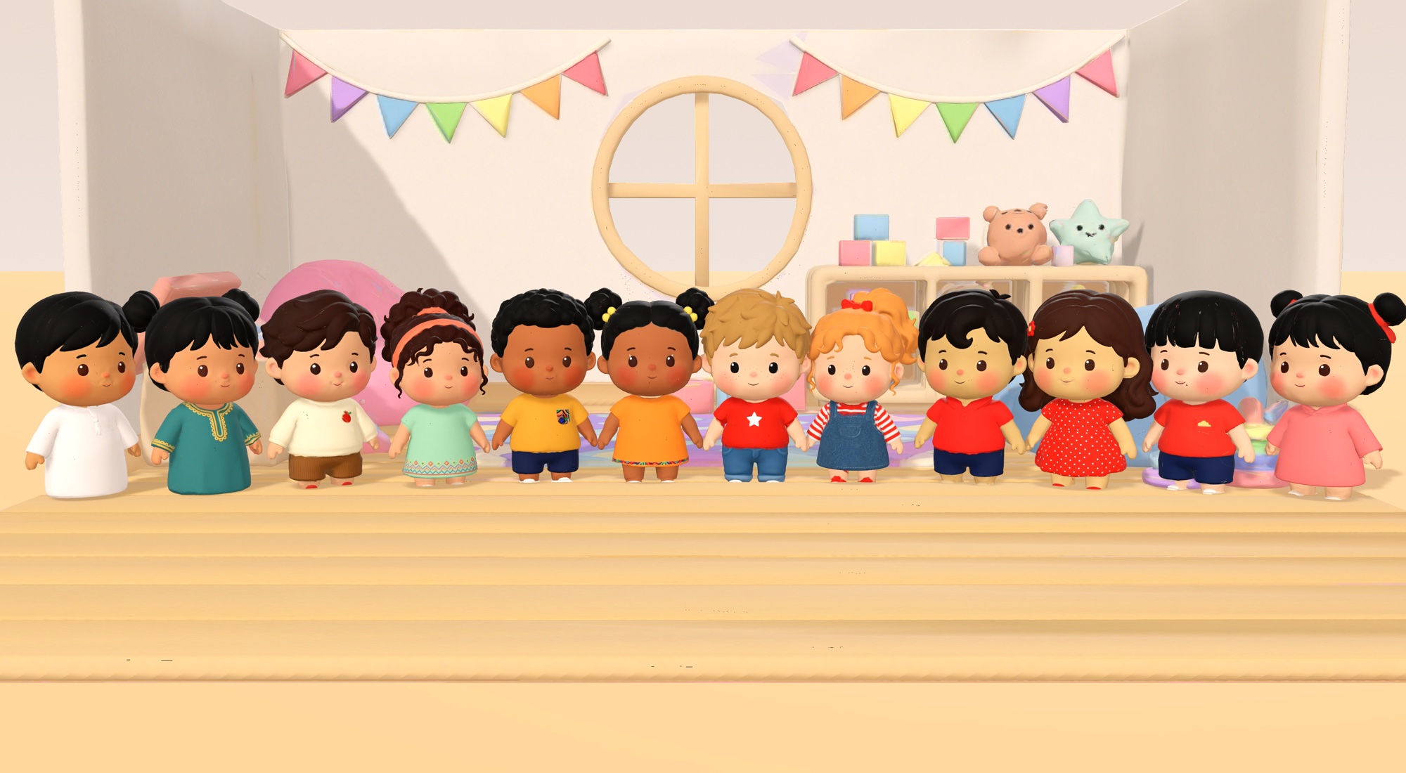 Twelve toddler friends from around the world standing hand in hand in the 3D playroom